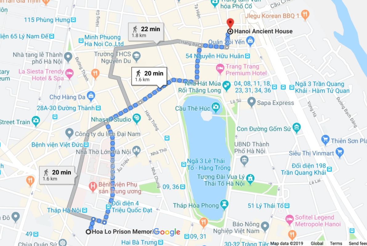 Distance between Hoa Lo Prison and Hanoi Ancient House