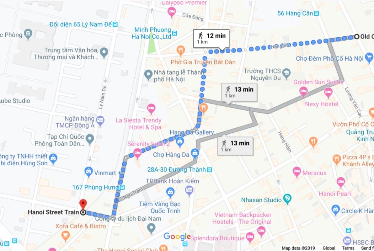 Map from Train Street to Water Puppet Theatre Hanoi