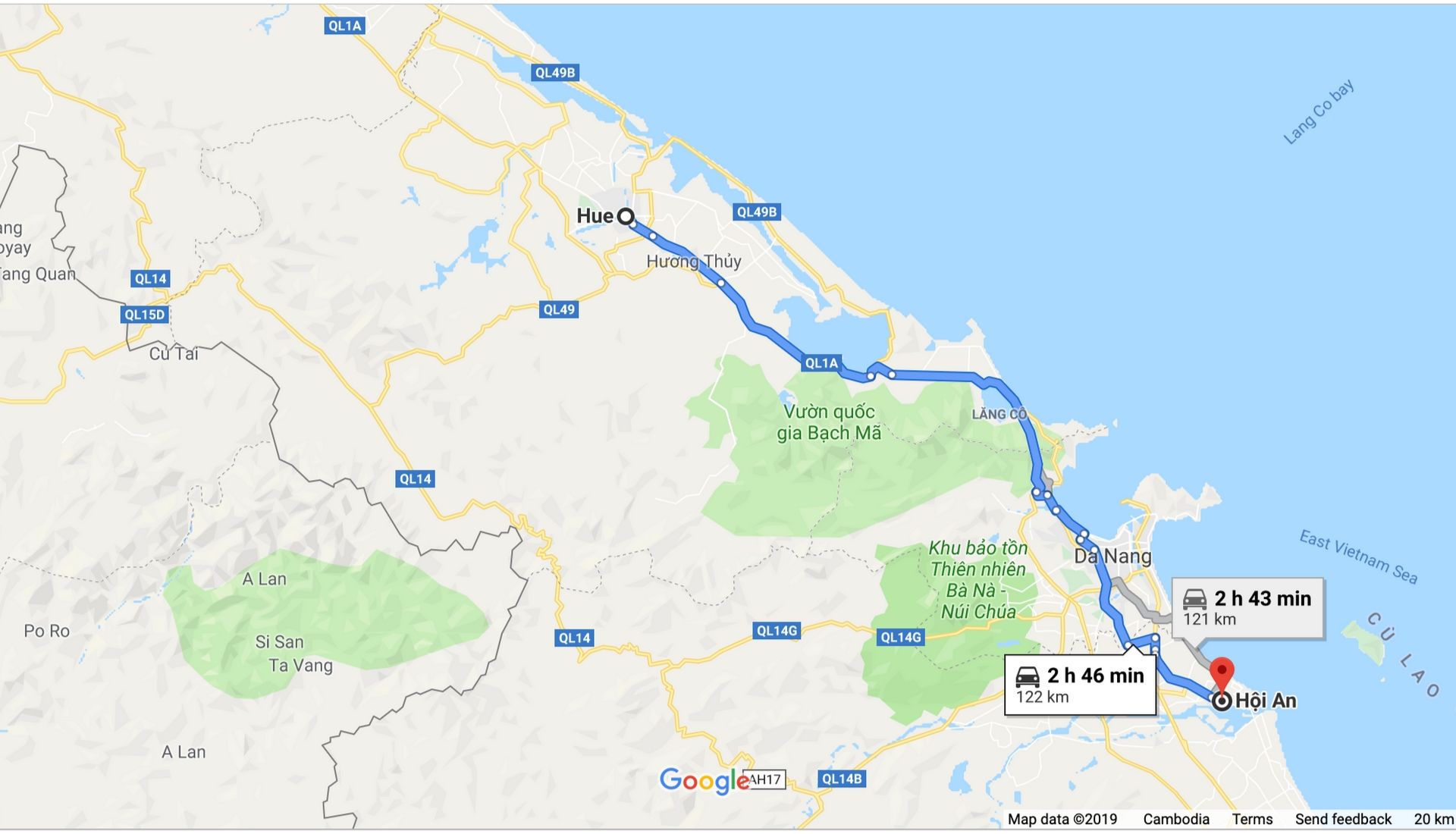 Map of journey from Hue to Hoi An