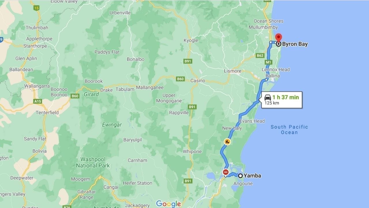 Yamba to Byron Bay Driving Map