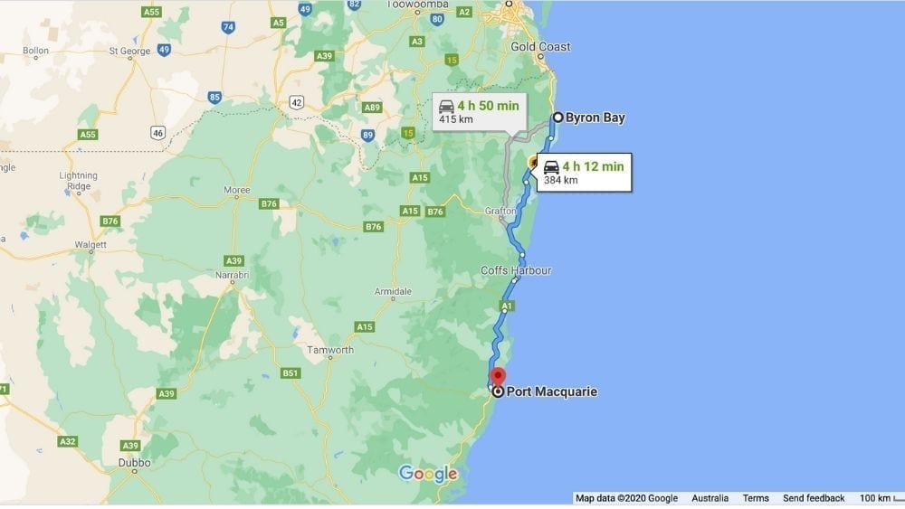 Map from Byron Bay to Port Macquarie