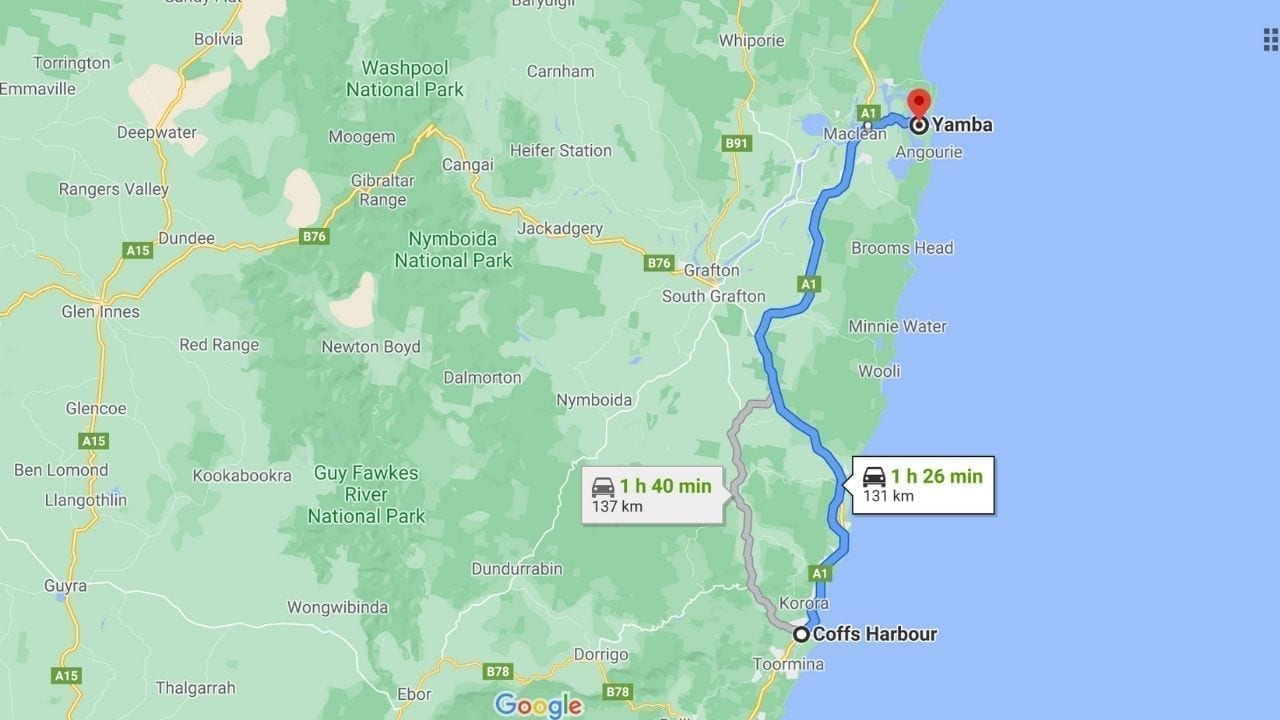 Distance from Coffs Harbour to Yamba