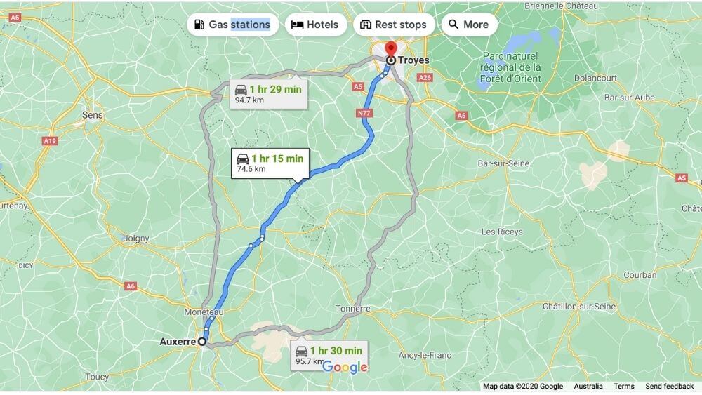 Driving map showing 3 routes from Auxerre to Troyes