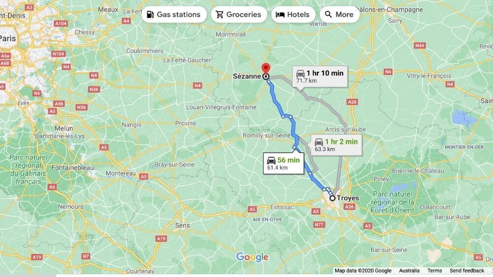 Driving routes from Troyes to Sezanne
