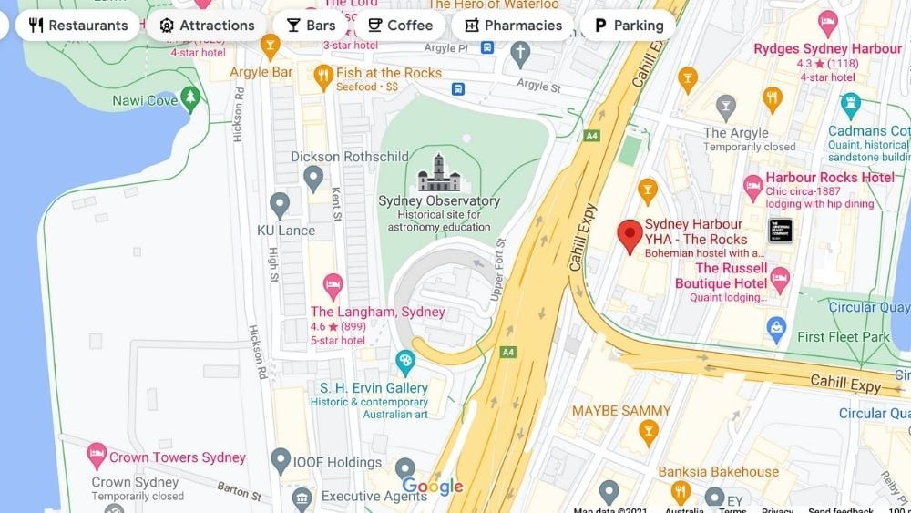 Map of the location of the YHA at the Rocks in Sydney